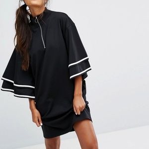 Monki (ASOS) Ruffle Sleeve Zip Up Sporty Dress in Black with White Trim *NWT*